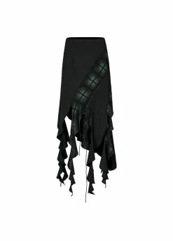 Punk Rave Dark Plaid Irregular Tassel Skirt