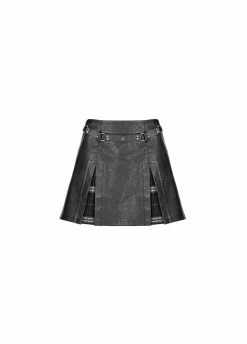 Punk Rave Faux Leather Mini Skirt With Plaid Insert