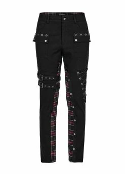 Punk Rave Metallic Spliced Plaid Bondage Pants