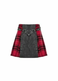 Punk Rave Plaid Mini Skirt With Faux Leather Insert